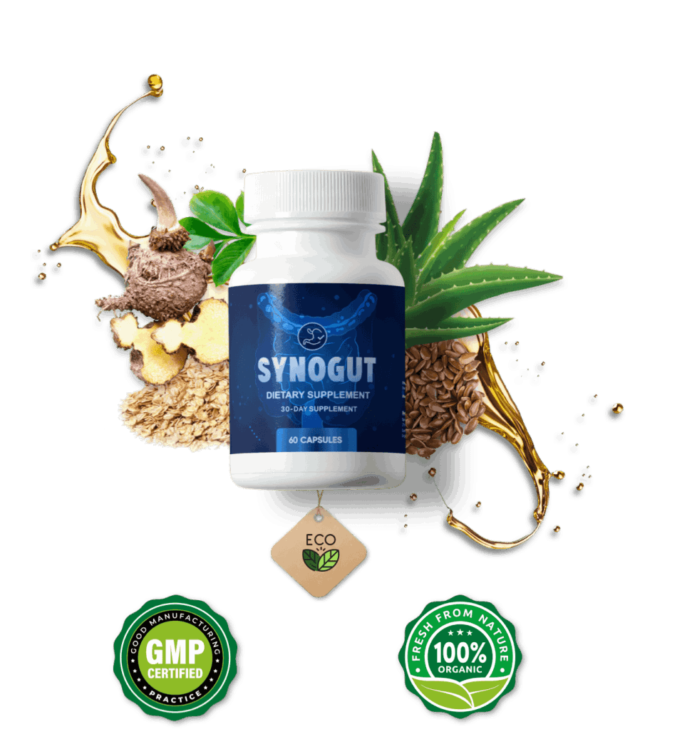 Synogut digestive health supplement bottle promoting natural gut balance